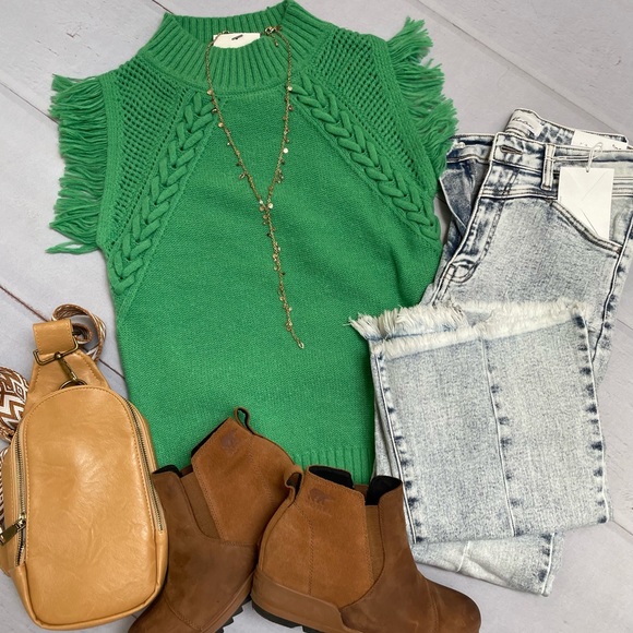 Green cable knit fringe short sleeve sweater - Picture 3 of 8